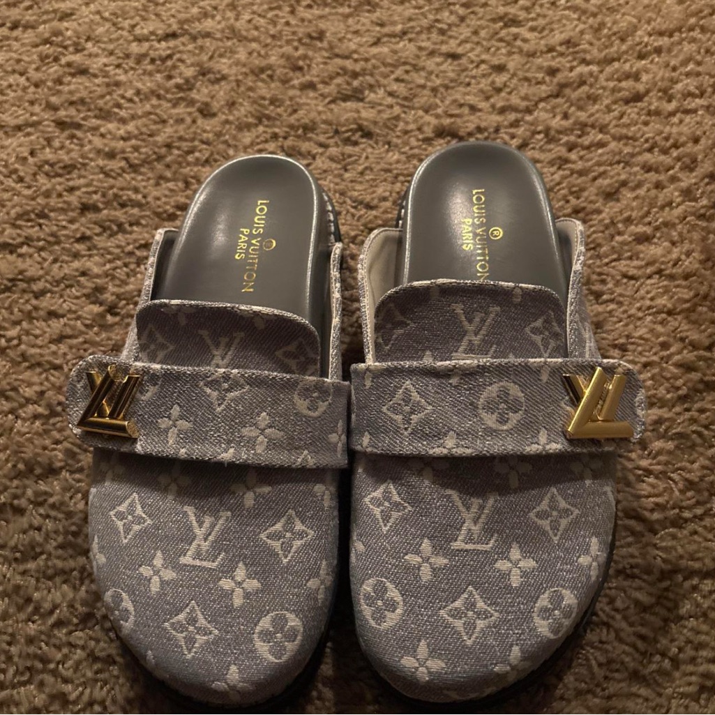 Louis Vuitton Gray Monogram Mules With Gold Details